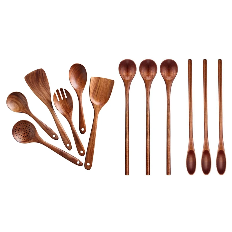 

1Set Teak Wood Spoon Solid Wood Spatula Kitchen Cooking Wood Spatula & 6 Pcs Wooden Coffee Spoon Long Handle Wooden