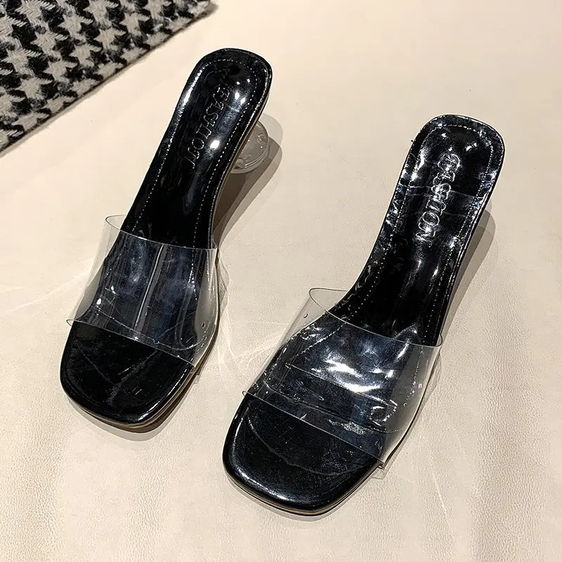 

WDHKUN 2021 Summer Fashion Glass Heel Heels Slippers Shoes Woman Sexy Open Toe Strap Pvc Sandals Women Casual Flip Flops