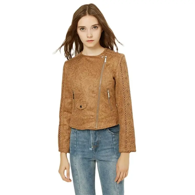 

TMODA265 2021 Women Autumn Winter Suede Faux Leather Jackets Lady Fashion Hollow Out Motorcycle Coat Biker Brown Lace Outerwear