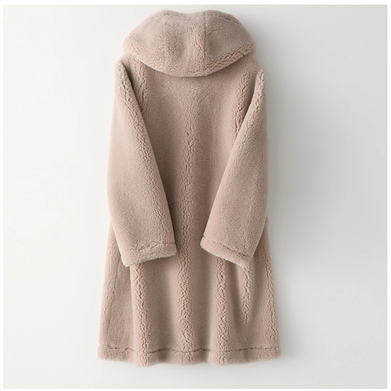 2019 Mid-Length Autumn Winter Wool Hooded Horn Buckle Sheep Shearling Fur Coat Literary Fashion Women's H00964 | Женская одежда