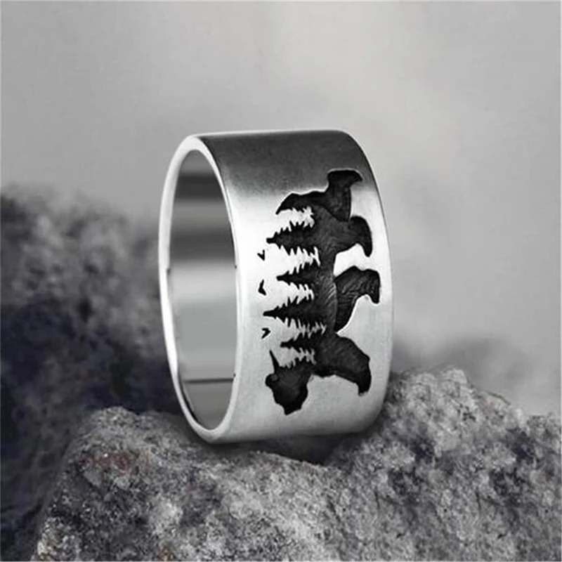 

New fashion black bear forest pattern black and white landscape ring original forest small fresh diy handmade epoxy ring gift