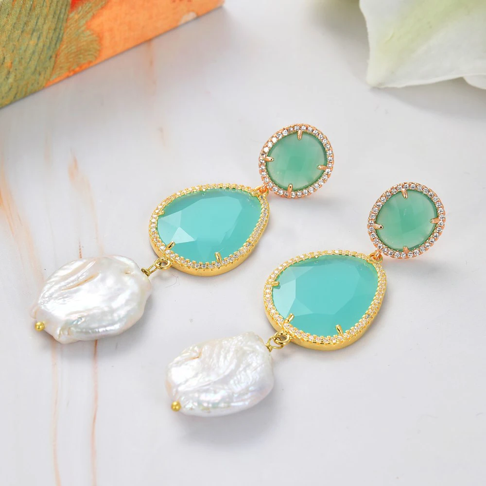 

Jewelry Cultured White Keshi Pearl Blue Crystal Cz Pace Hook Dangle Earrings