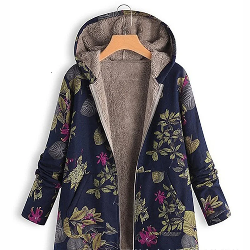 

2019 Fashion Female Jacket Plush Coat Women Hiking Jacket Winter Keep Warm Outwear Floral Print Hooded Pockets Vintage Oversize