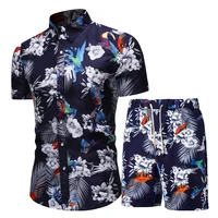 summer new style mens clothing short sleeved printed shirts shorts 2 piece fashion male casual beach wear clothes
