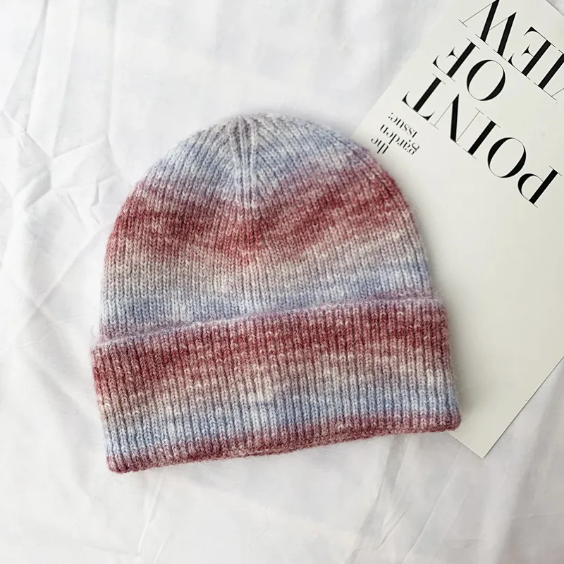 

Autumn/Winter Rainbow Color Knitted Woolen Hat Striped Crimped Ink Painting Color Earmuff Hat Tie Dye Thick Warm Cold Hat