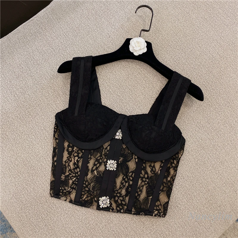 

Майка женская кружевная, пикантный Топ Стразы, универсальная короткая кофта, одежда для женщин, Nancylim