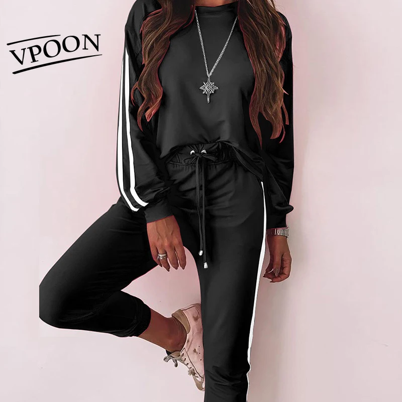 

Осенние женские повседневные спортивные костюмы, домашняя одежда, комплект из двух предметов, уличный топ, брюки, костюм, полосатые спортив...