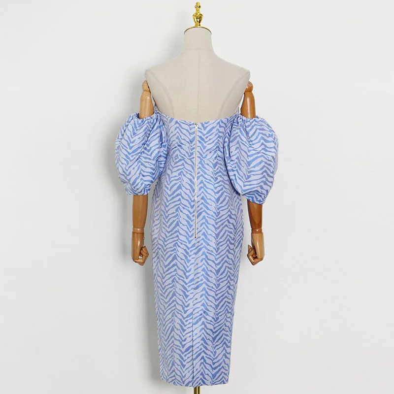 

CHICEVER Print Summer Blue Dress For Women Slash Neck Puff Short Sleeve High Waist Sexy Dresses Female Fashion New Clothing 2021