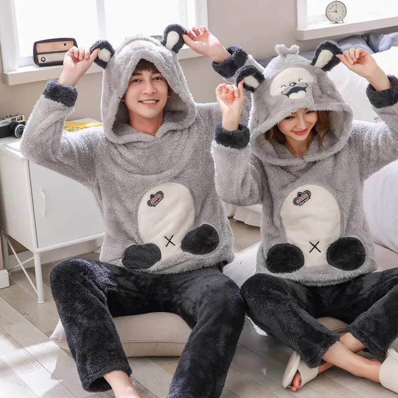 Мужские и женские толстые теплые осенне зимние пижамы плюшевые пары костюм с