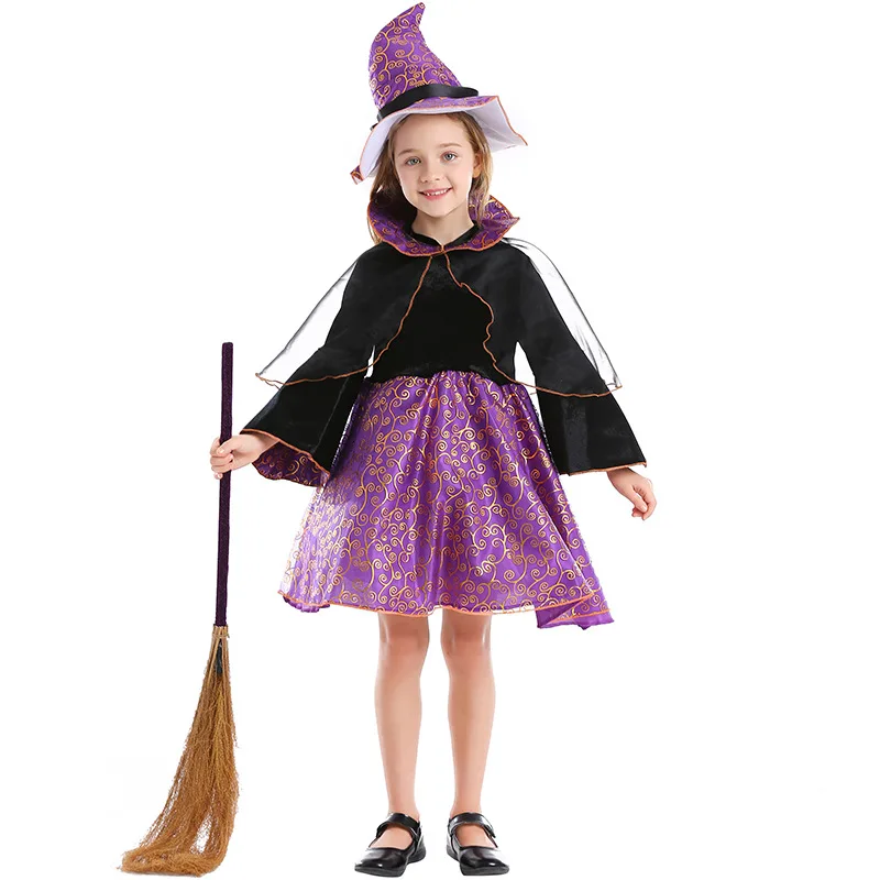 

Kids Girls Halloween Witch COstume Purple Witch Wizard Costume Children's Day Princess Party Dresses Carnival Halloween Costume
