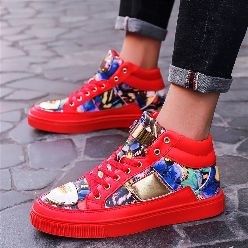 Fashion Red Graffiti Printed Glitter Shoes Men Sneakers Casual High top Hip-hop Shiny Metal Man 2020 Footwear | Обувь