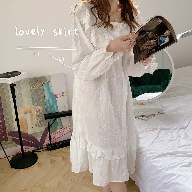 Spring 2021 New Korean Solid Color Cotton Casual Jacquard Lace Long Sleeve Nightdress Home Wear Sexy Nightgown Sleep Tops