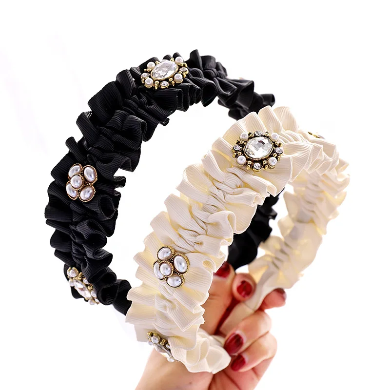 

2021 New Ladies Pearl Pleated Headbands Fashion Handmade Solid Fabric Diamond Hairbands For Women Girls Hair Hoop Accessories