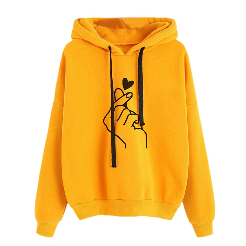 

Women's Harajuku Hoodies Casual Kpop Finger Heart Love Print Hooded Sweatshirts Autumn Long Sleeve Ladies Pullovers Plus Size