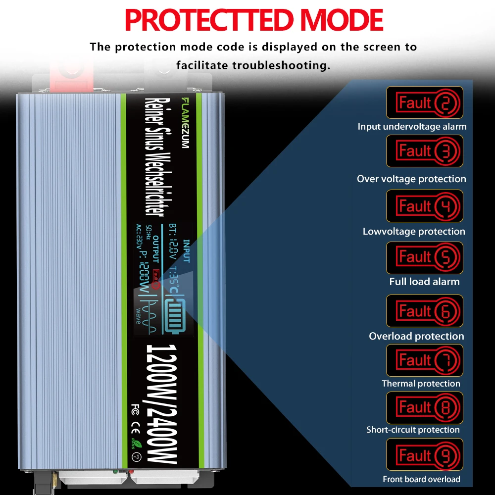 Инвертор немодулированного синусоидального сигнала 2400 Вт 1200 постоянный ток 12 В 24