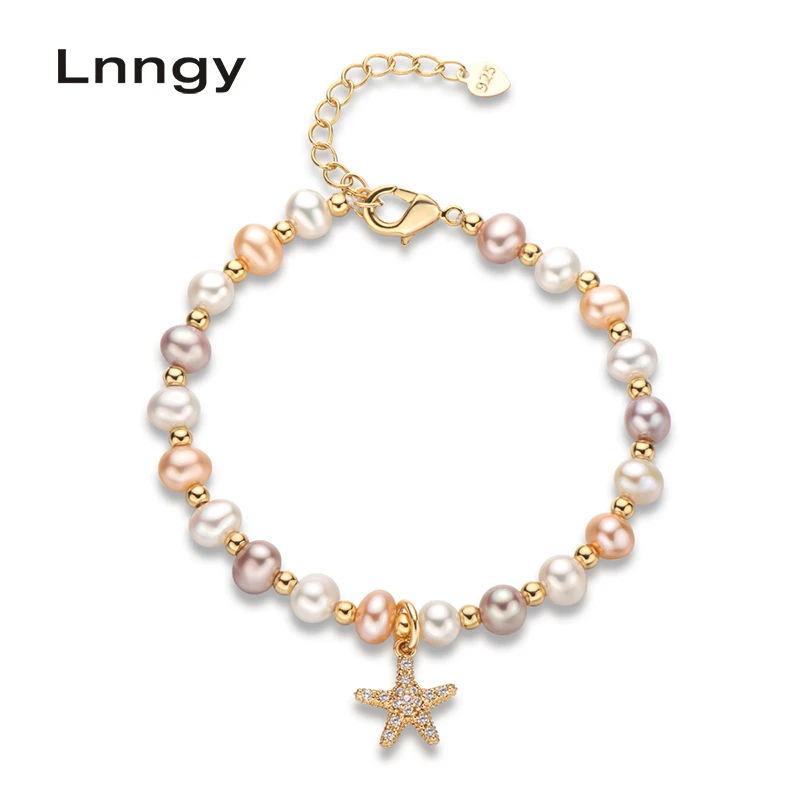 

Lnngy 14K Gold Filled 4.5-6.5mm Natural Cultured Freshwater Pearl Lovely Starfish Charm Bracelet Women Jewelry Gifts