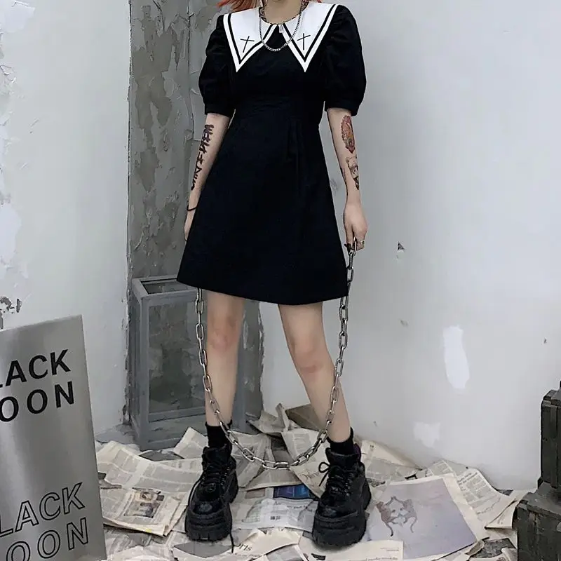 

Japanese Summer College Style Dark Girl Dresses Sailor Collar Splice Vintage Faith Embroidery Harajuku Sweety Puff Sleeve Dress