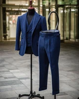 3 pliecs houndstooth blue men suits formal business custom made blazer vest pant wedding tuexdos prom party wool suit sets