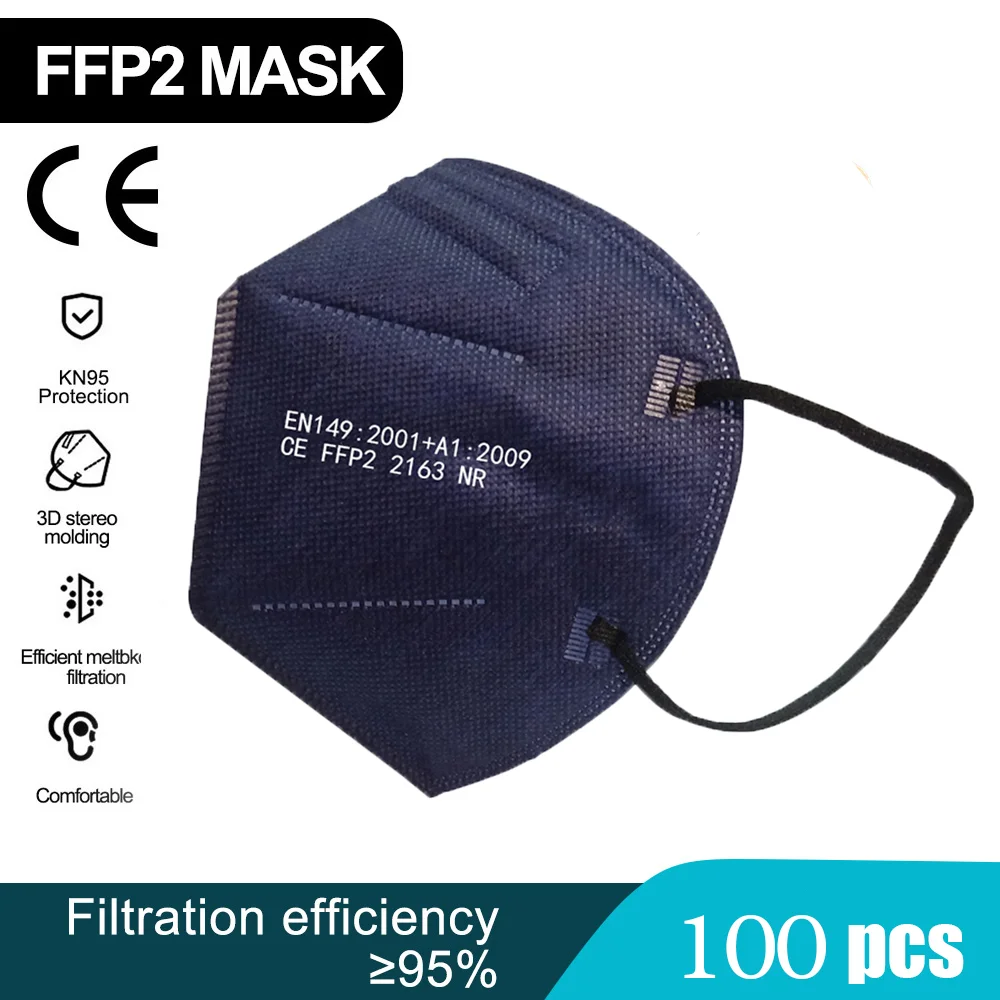Маска FPP2 для взрослых темно синяя одобренная CE KN95 100 шт.|Маски| |