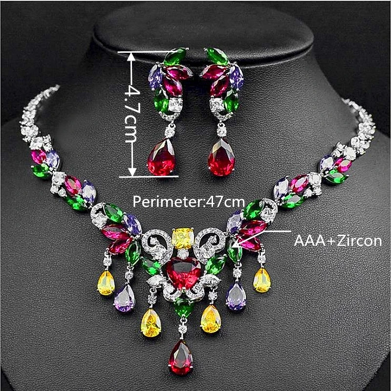 

New micro zircon gorgeous colored gems heart-shaped drops party earrings necklace cubic zircon bridal jewelry set jewelry