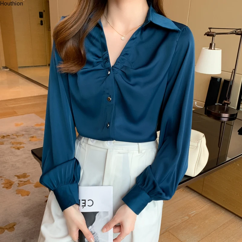 

Autumn Women's Blouse New Top Long Sleeve Solid Color Polo Shirt Fashion Casual Loose Girl Satin Folds