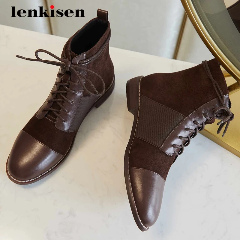 

Lenkisen work boot sheep suede recommend modern round toe thick low heel lace up office lady daily wear mature ankle boots L2f6