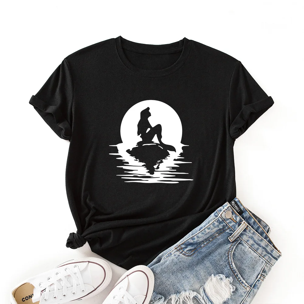 

Ladies Moonlight Mermaid Loose Round Neck Graphic T-shirt Cotton Short Sleeve T-shirt Top Women 2021 Summer Casual Wear