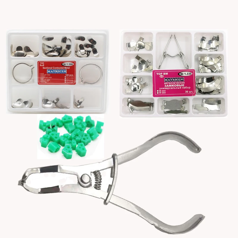 

Матрица Стоматологическая, 100 шт., полный комплект, секционные Контурные металлические матрицы № 1,398 + 2 кольца, стоматологические инструмен...