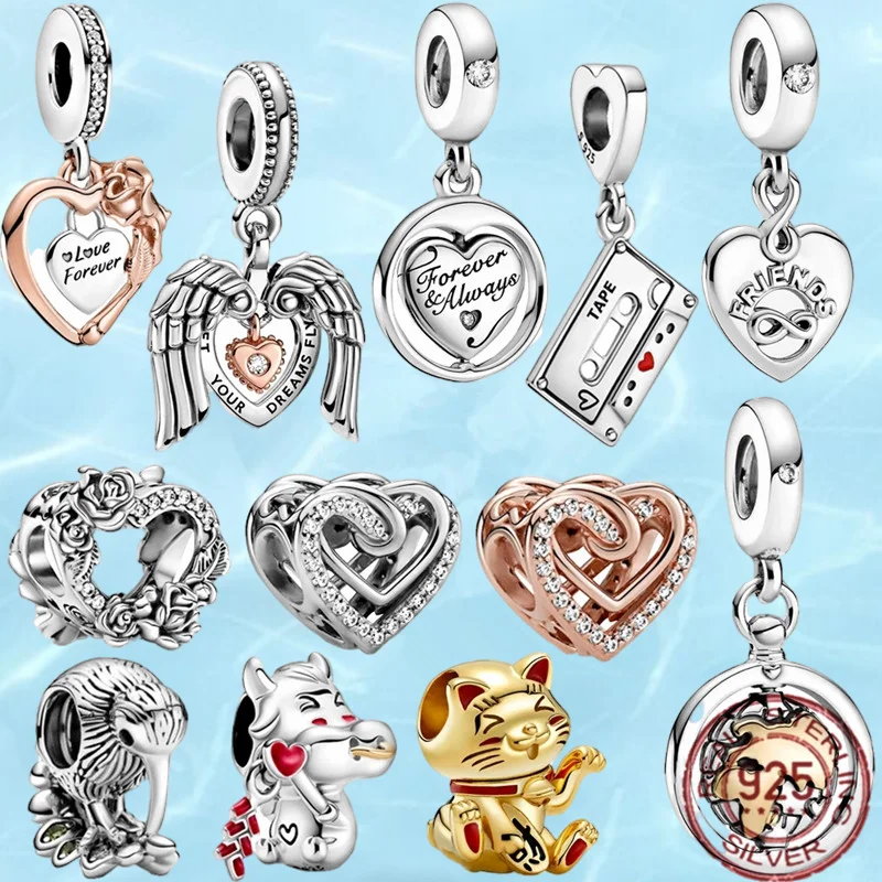 

2021 New 925 Sterling Silver Beads Angel Wings Hearts Lucky Cat Charms Fit Original Pandora Bracelet Women Jewelry DIY Gift