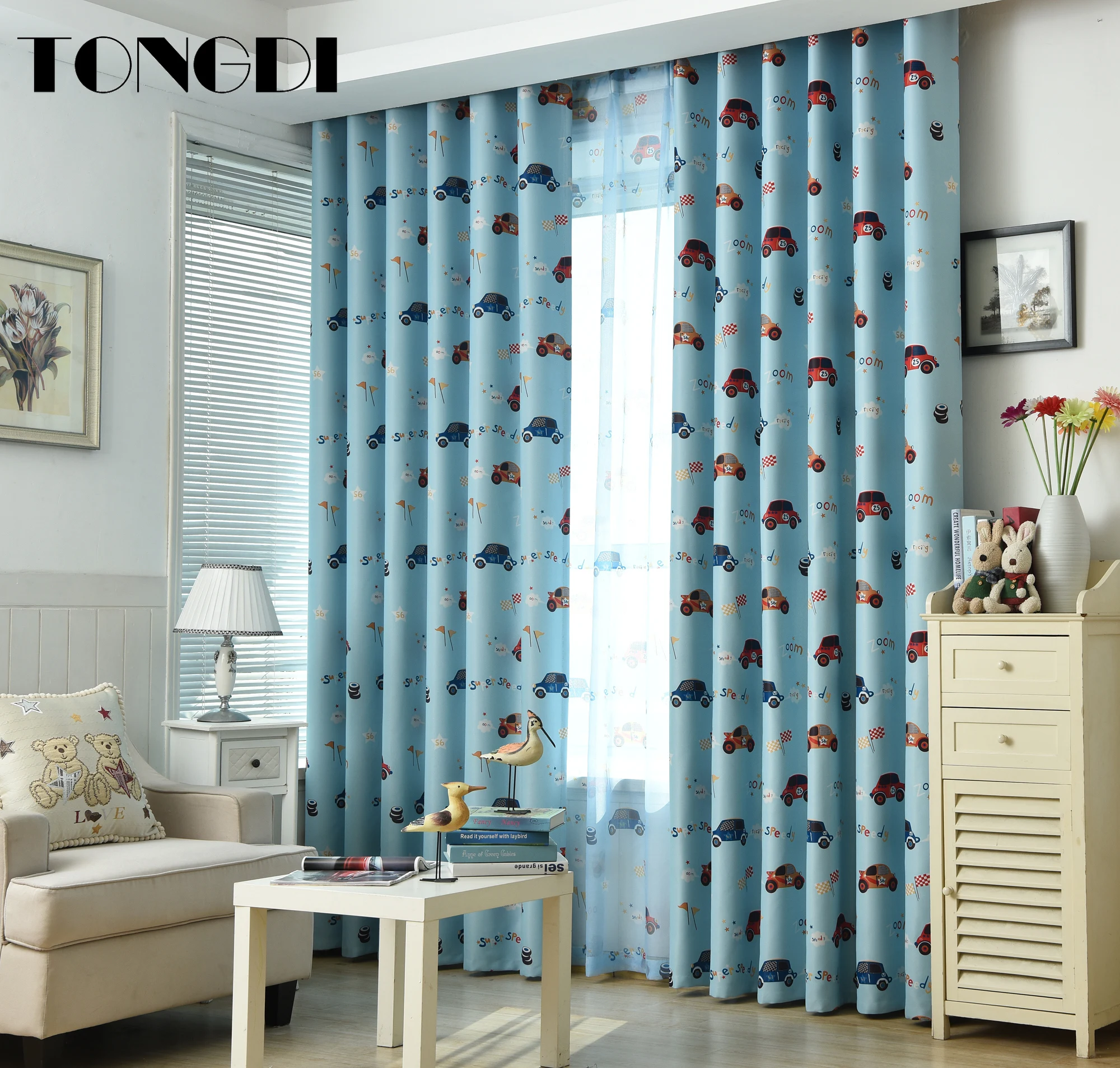 TONGDI Детские затемняющие занавески с мультяшным принтом автомобиля