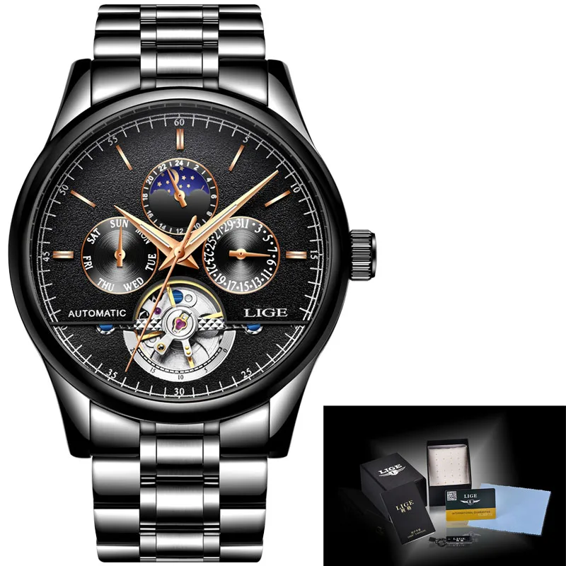 steel black gold Relojes LIGE Мужские автоматические механические Спортивные часы мужские роскошные Брендовые повседневные часы мужские наручные часы армейские часы relogio masculino - Color: steel black gold
