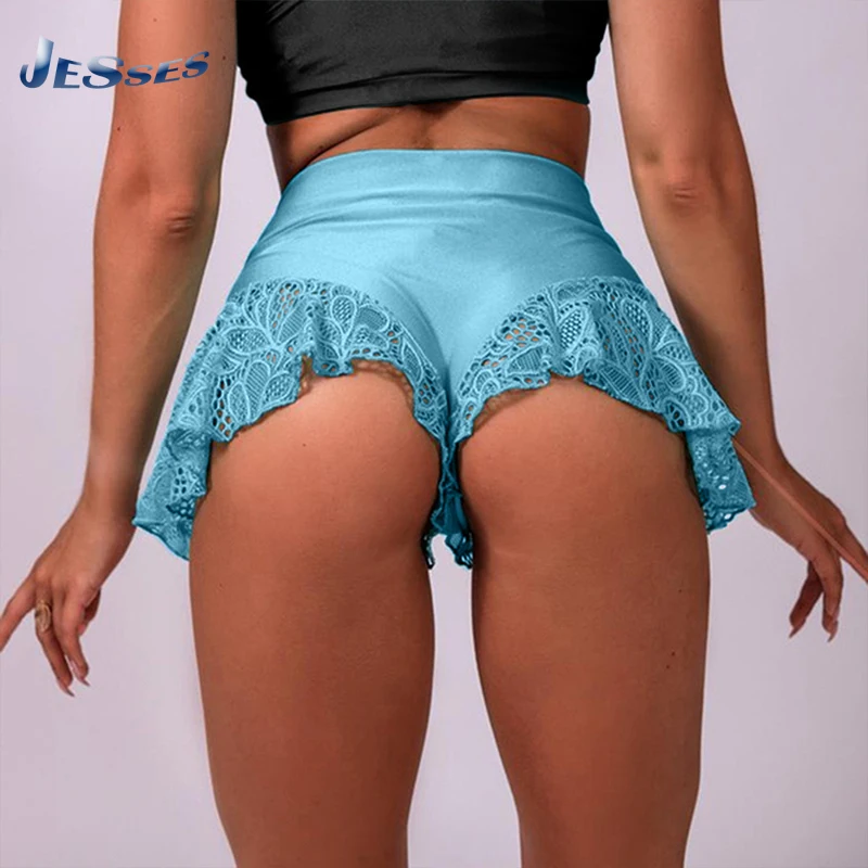 

Women Plus Size Dancing Shorts Solid Color Hip-lifting Tight Fashion Shorts Lace Stitching High-waist Fitness Short For Lady 3XL