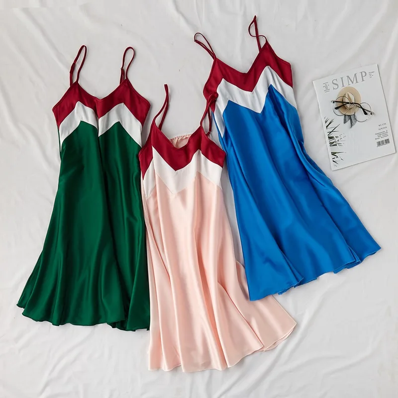 

Summer Green Sexy V-Neck Backless Mini Nightdress Female Spaghetti Strap Nightgown Lounge Faux Silk Nightwear Loose Home Dress