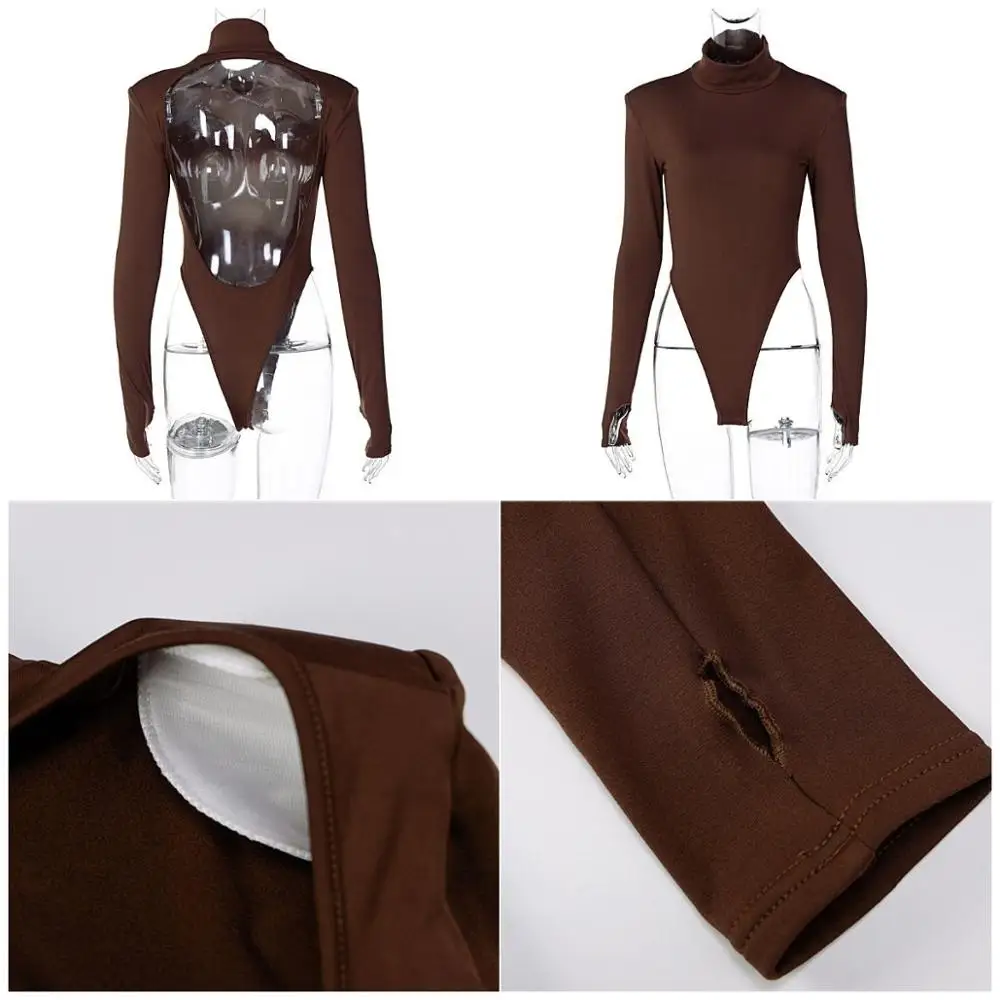 

TiulZial Backless Turtleneck Top Long Sleeve Bodysuit Women Solid Hollow Out Sexy Bodysuit Fleece Autumn Body Female ForWoman