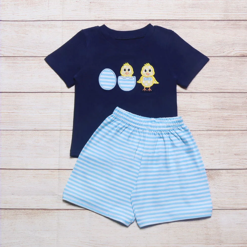 

Summer Clothes Navy Blue Short Sleeve Top And Blue Striped Shorts Easter Eggs And Chicks Embroidered Pattern Boys Clothes