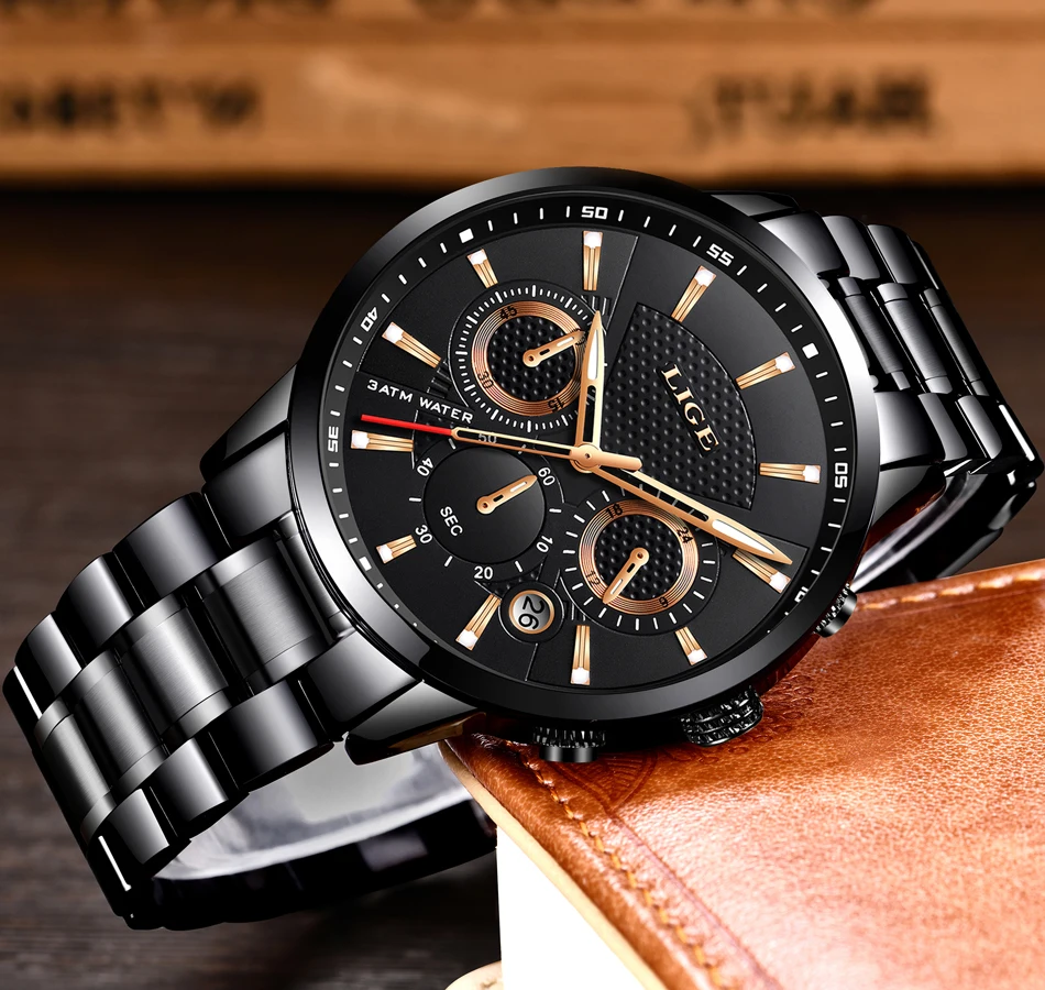 Reloj hombre модные золотые мужские часы lige top класса люкс Бизнес Нержавеющая сталь Водонепроницаемый кварцевые часы Для мужчин, спортивные часы