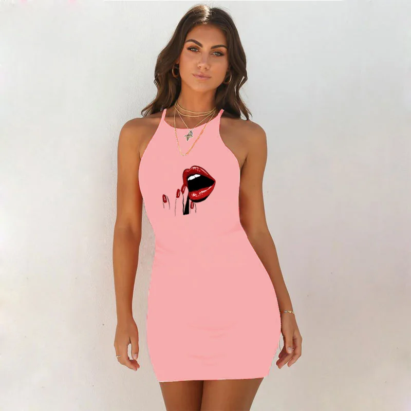 

Plus Size Women Summer Dress Sexy Red Lips Print Strap Bodycon Short Dresses Female Party Club Beach Casual Slim Halter Vestidos