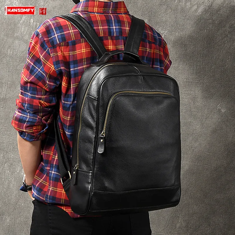 

Classic soft black leather Men's Backpacks Business 15.6 Inch Laptop Bag large capacity men travel backpacks male school bags