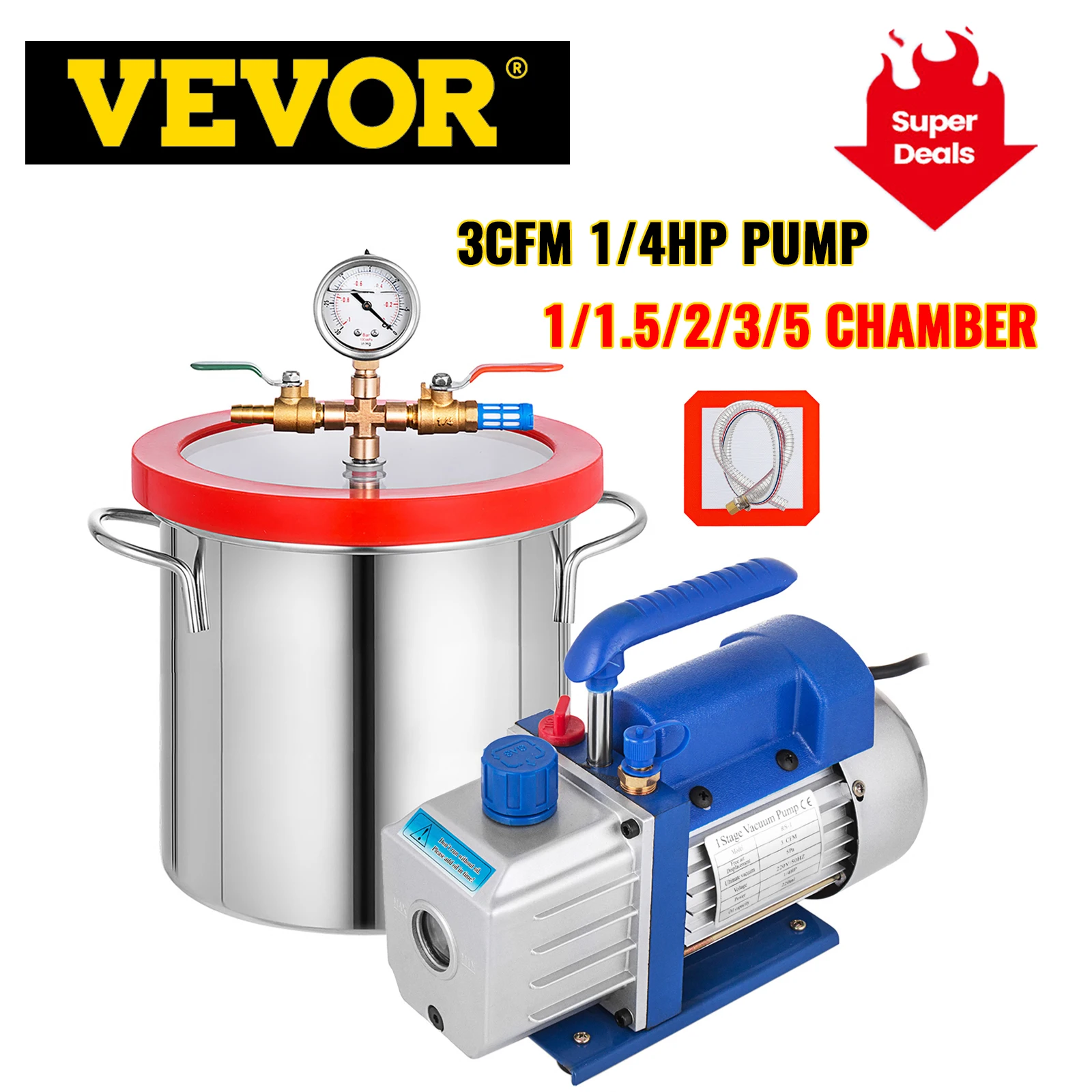 Вакуумный насос VEVOR 3CFM 1/4HP комплект для охлаждения с вакуумной камерой премиум