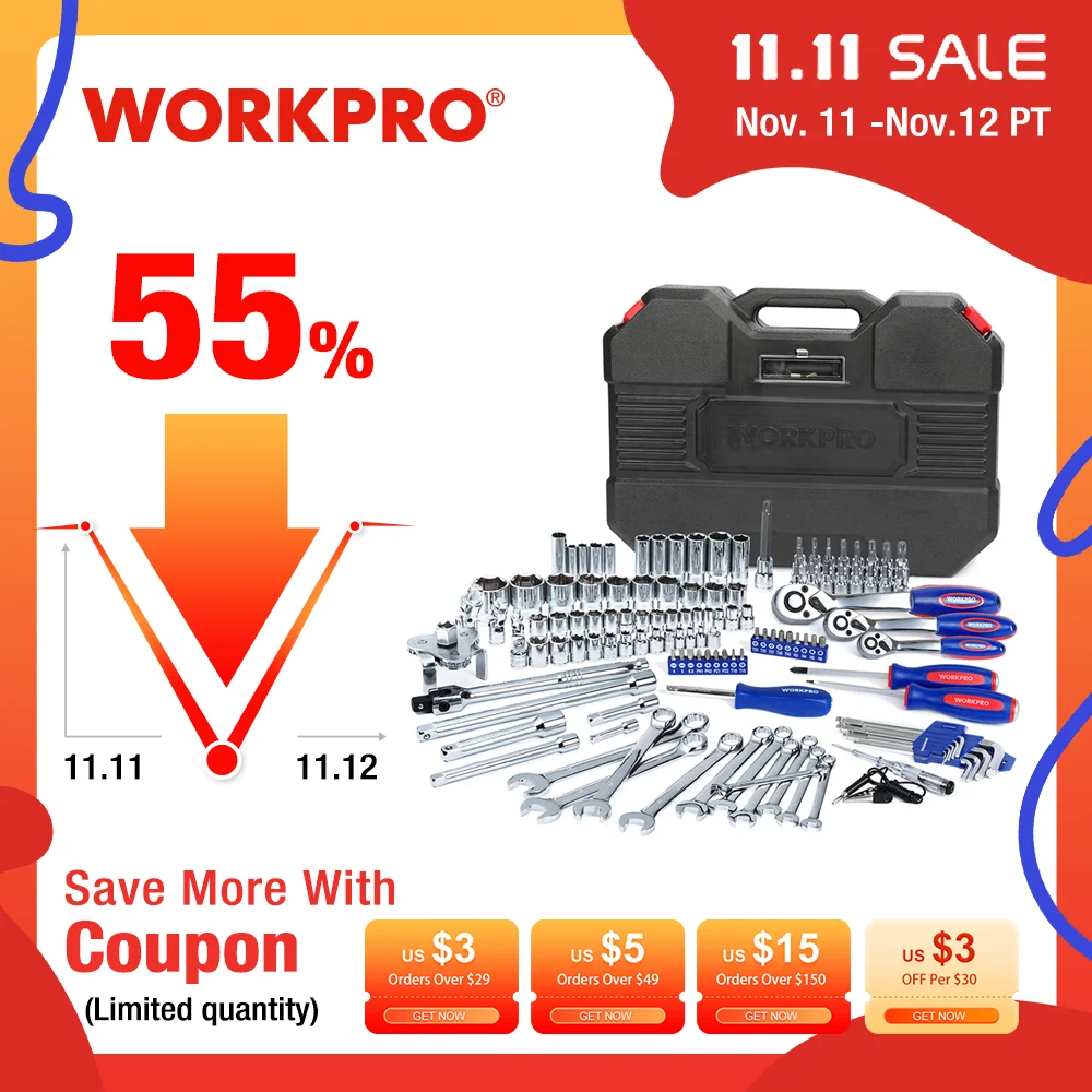 

WORKPRO 123PC Mixed Tool Set Mechanics Tool Set Ratchet Spanner Wrench Socket Set