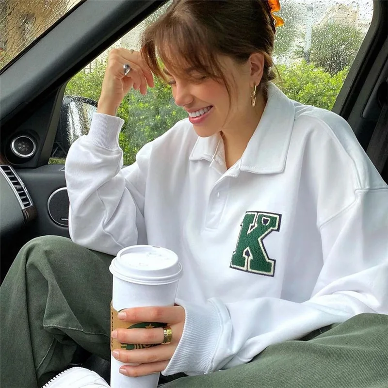

Donsignet Autumn Winter New Fashion Letter Embroidery Turn-down Collar Long Sleeve Hoodies Women