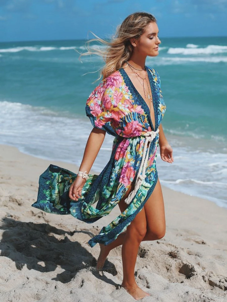 Кимоно из пеньковой веревки с принтом аквариума и рыбок Пляжная накидка бохо