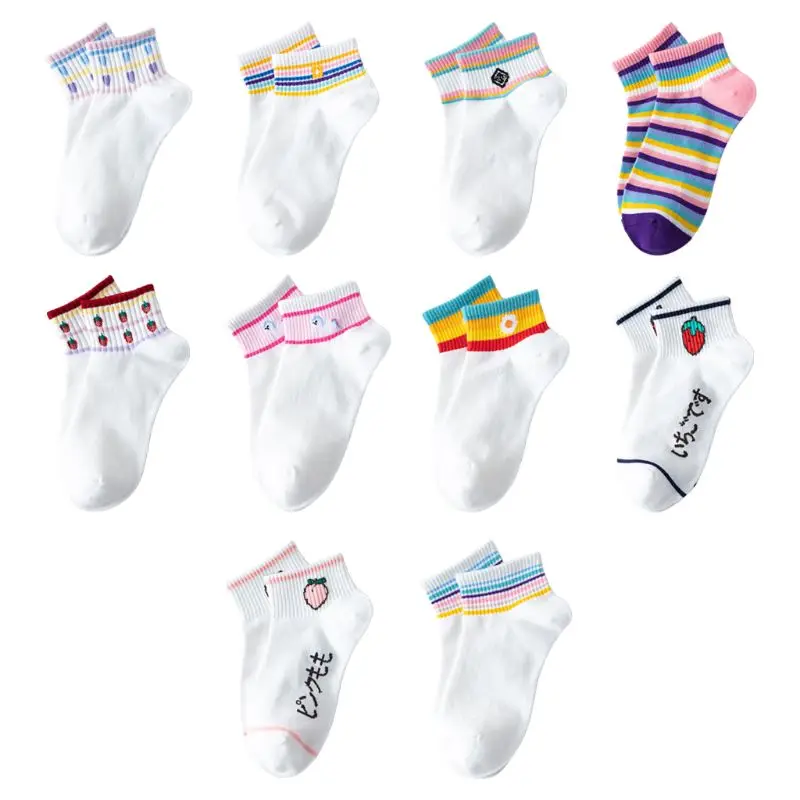 

Japanese Harajuku Women Rainbow Stripes Ankle Socks College Style Cute Peach Strawberry Fruit Print Short Cotton Hosiery