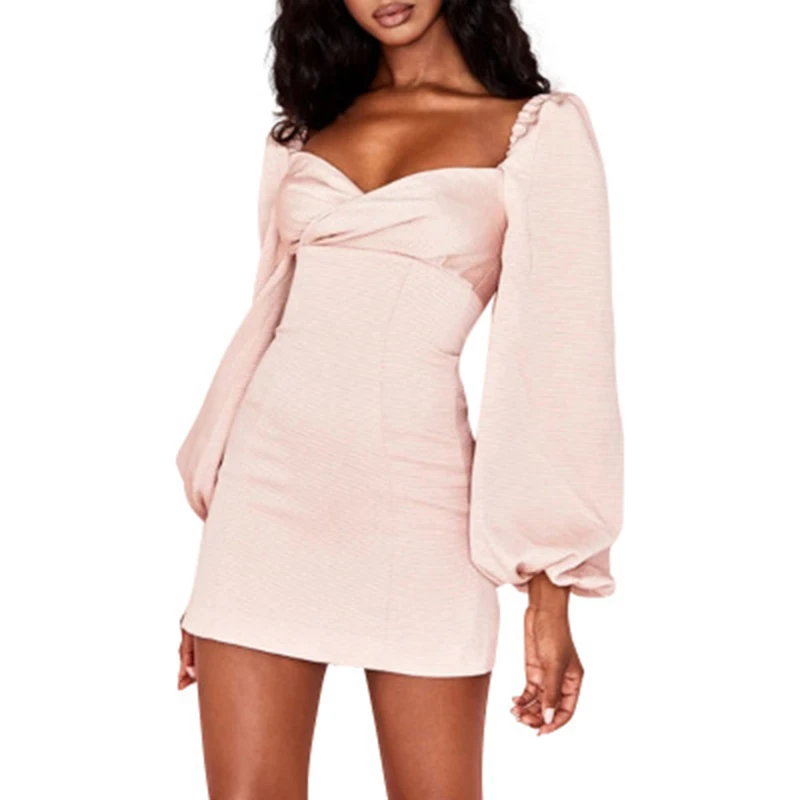 

Sexy Backless Mini Dress Women Solid Puff Sleeve Square Collar Dress Women Winter Streetwear Casual Hollow Out Vestidos