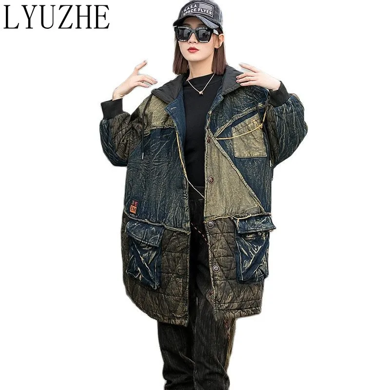 

LYUZHE Retro Washed And Old Stitching Contrast Denim Jacket 2021 Winter Quilted Hooded Mid-length Denim Jacket TT134L