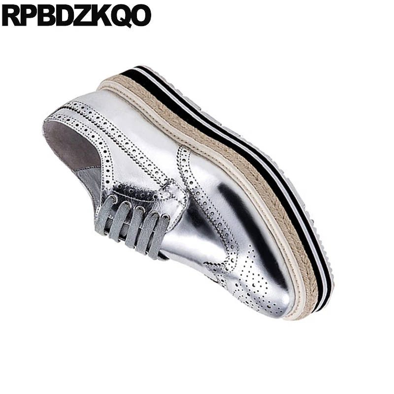 Серебряные криперсы броги на платформе с квадратным носком Espadrilles синие из