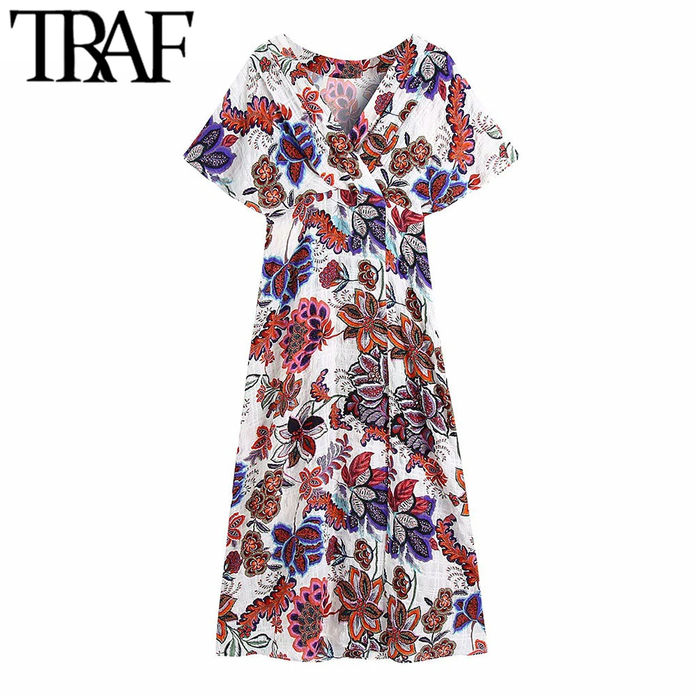 

TRAF Women Chic Fashion Floral Print Slit Hem Midi Dress Vintage Cape Sleeve Side Zipper Female Dresses Vestidos Mujer