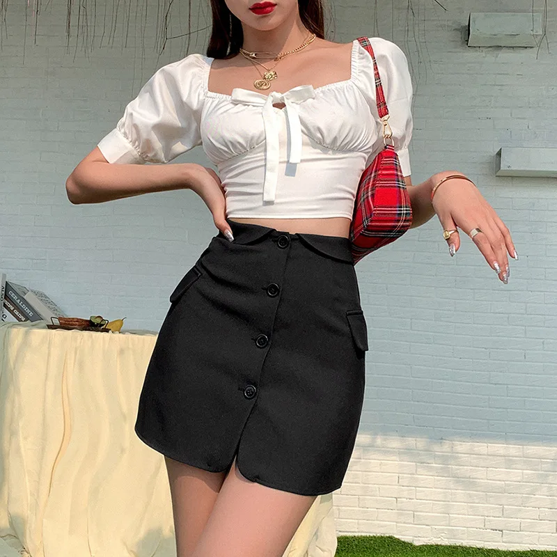 Женская однобортная мини-юбка LVINMW однотонная черная с фальшивым карманом и