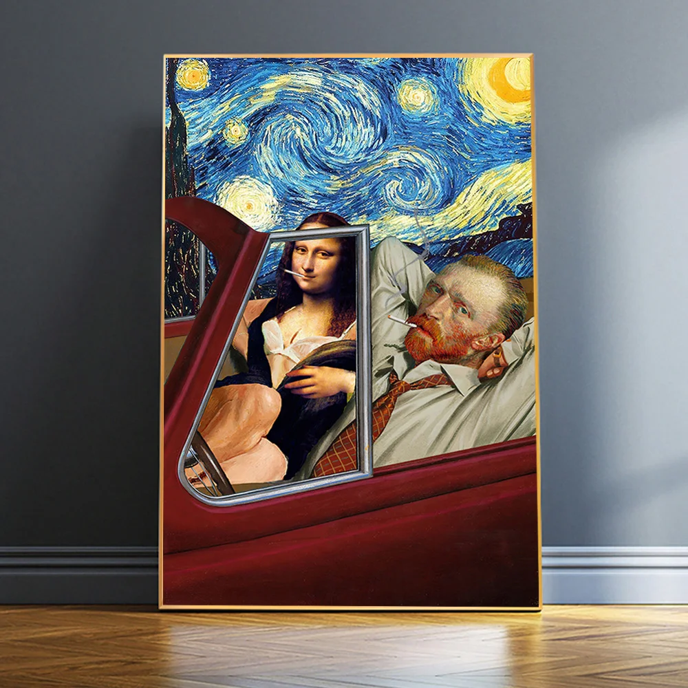 

Funny Art Mona Lisa and Van Gogh Posters and Prints Abstract Smoking Oil Canvas Painting Wall Art Pictures Home Decoration