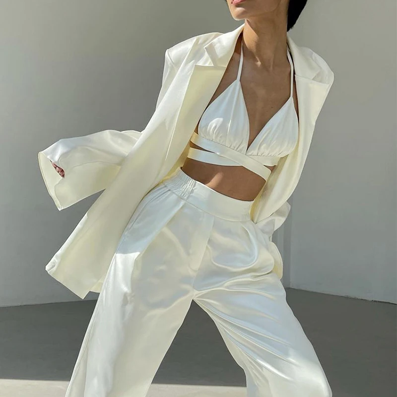 

Solid Satin Three Piece Lady'S Suit Lace Up Halter Tank Tops Solid Satin Wide Leg Pants Elegant Office Casual Suit